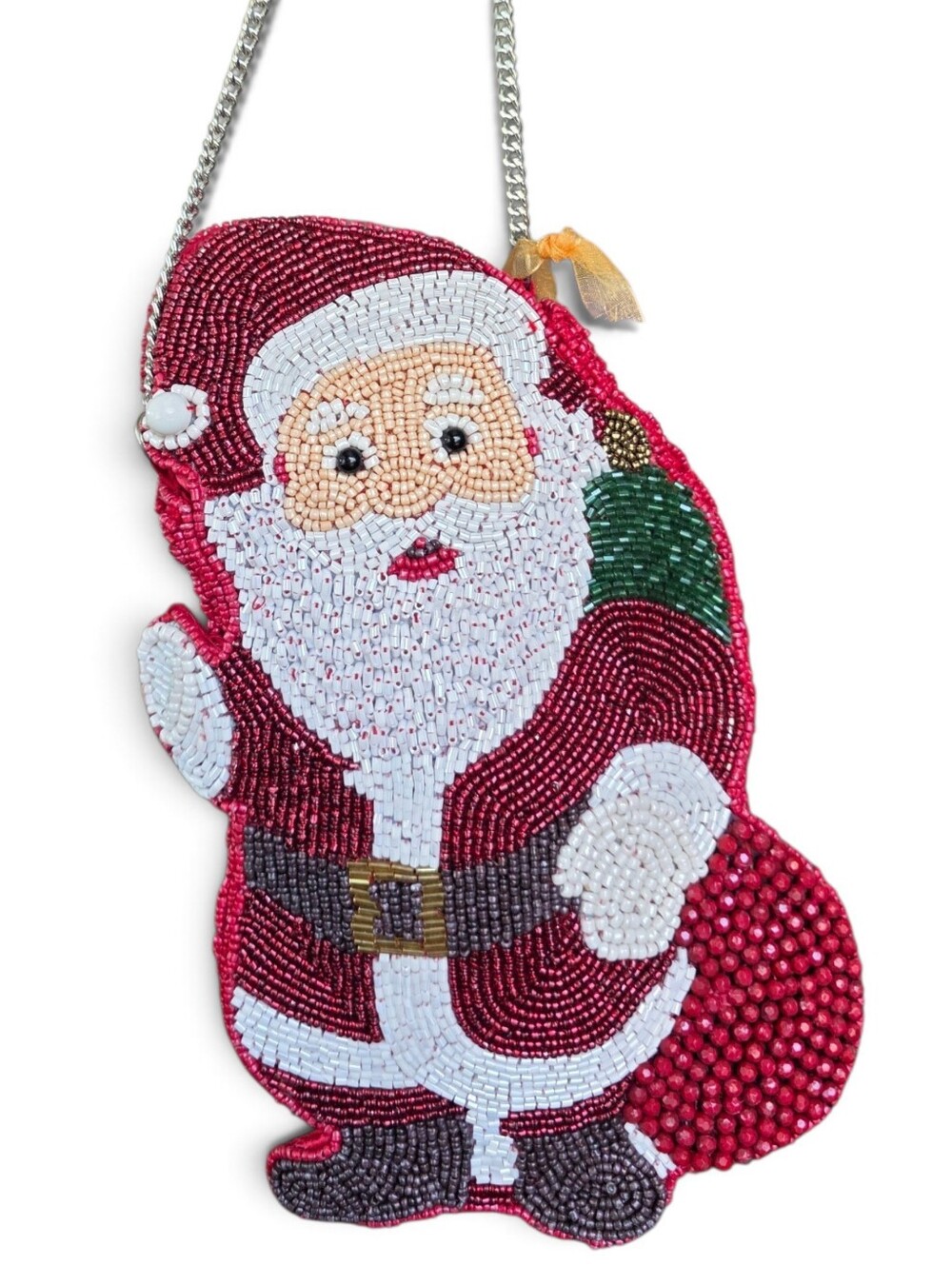 NWT Beaded Santa Claus Silver Chain Crossbody Bag Red White Made in India NEW